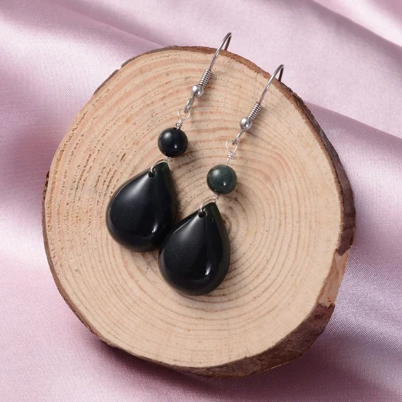 Indian Agate fishhook dangle earrings in stainless steel - Picture 3 of 5